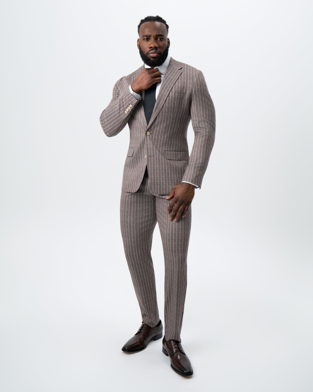 State & Liberty Athletic Fit Stretch Suit - Textured Light Brown with Cream Stripe
