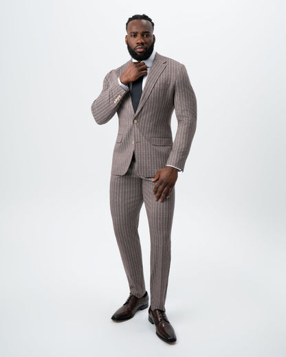 State & Liberty Athletic Fit Stretch Suit - Textured Light Brown with Cream Stripe