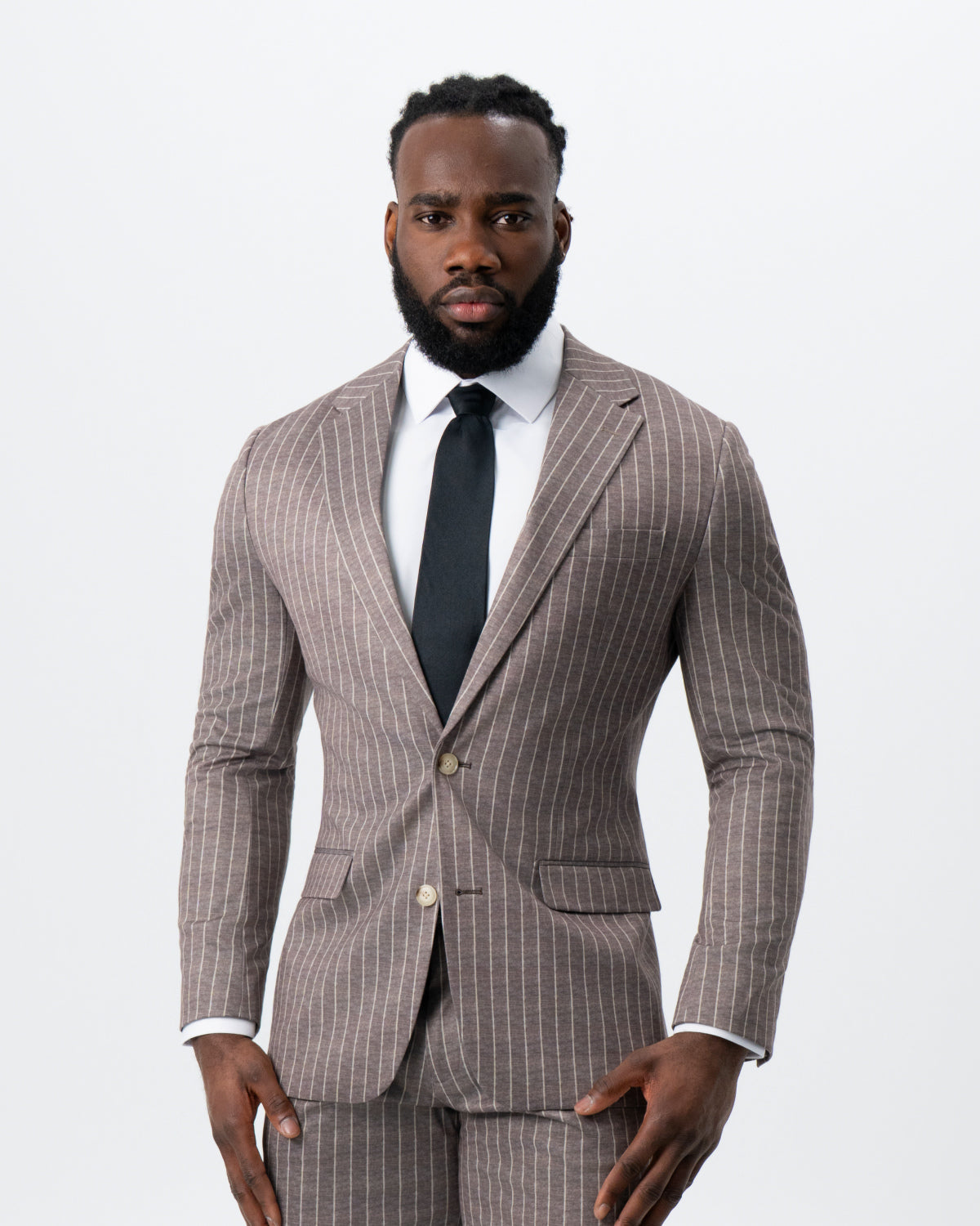 State & Liberty Athletic Fit Stretch Suit - Textured Light Brown with Cream Stripe