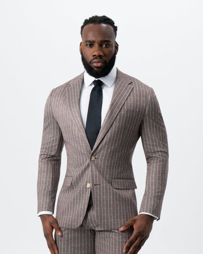 State & Liberty Athletic Fit Stretch Suit - Textured Light Brown with Cream Stripe