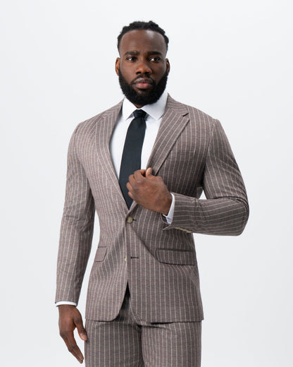 State & Liberty Athletic Fit Stretch Suit - Textured Light Brown with Cream Stripe