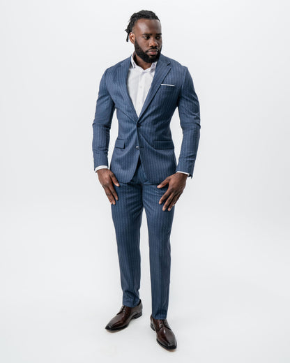 State & Liberty Athletic Fit Stretch Suit - Textured Navy Chalk Stripe