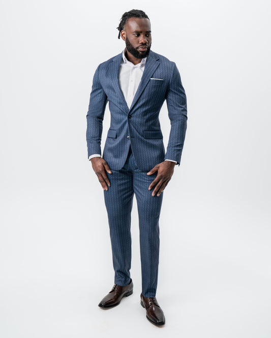State & Liberty Athletic Fit Stretch Suit - Textured Navy Chalk Stripe