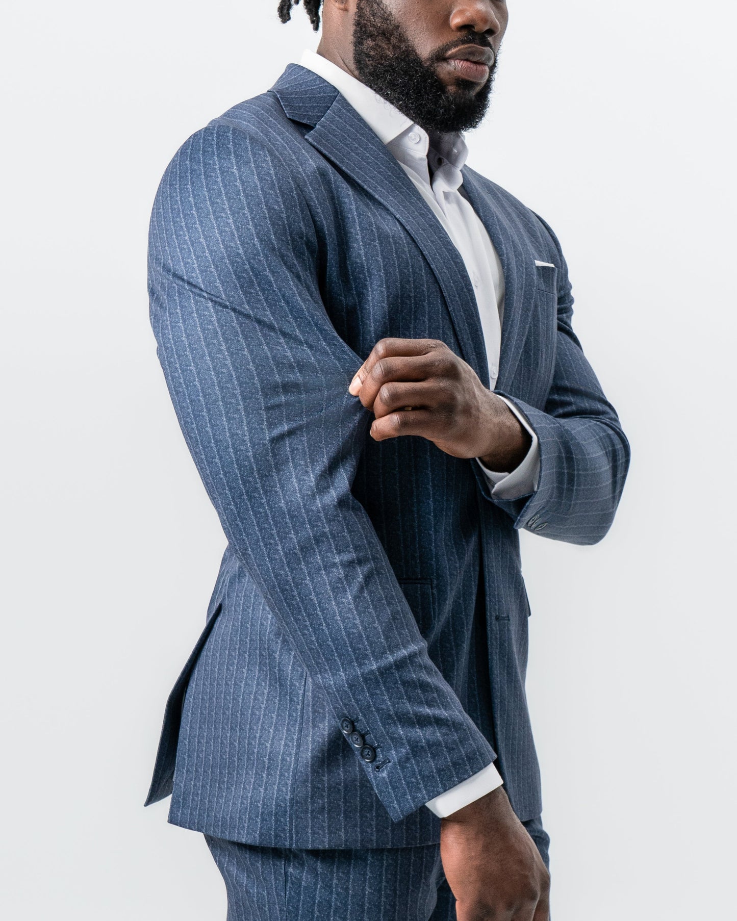 State & Liberty Athletic Fit Stretch Suit - Textured Navy Chalk Stripe