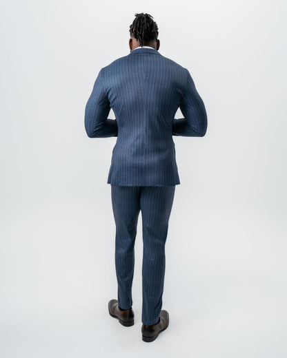 State & Liberty Athletic Fit Stretch Suit - Textured Navy Chalk Stripe