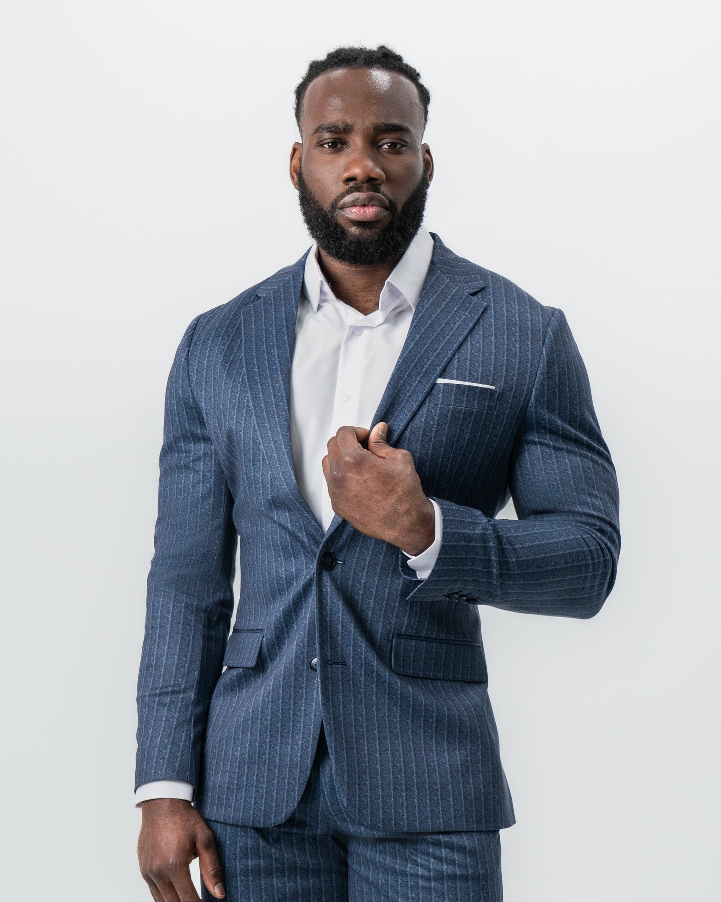 State & Liberty Athletic Fit Stretch Suit - Textured Navy Chalk Stripe