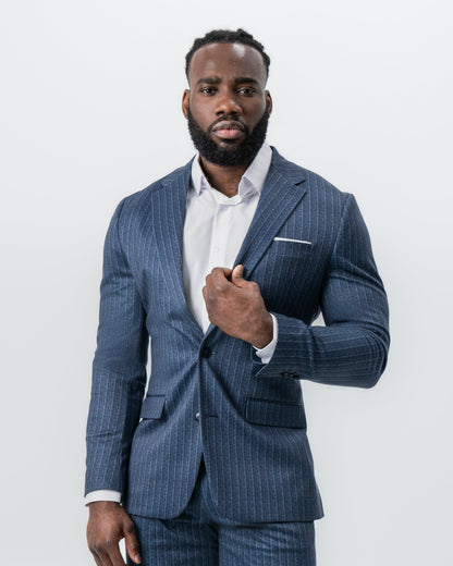 State & Liberty Athletic Fit Stretch Suit - Textured Navy Chalk Stripe
