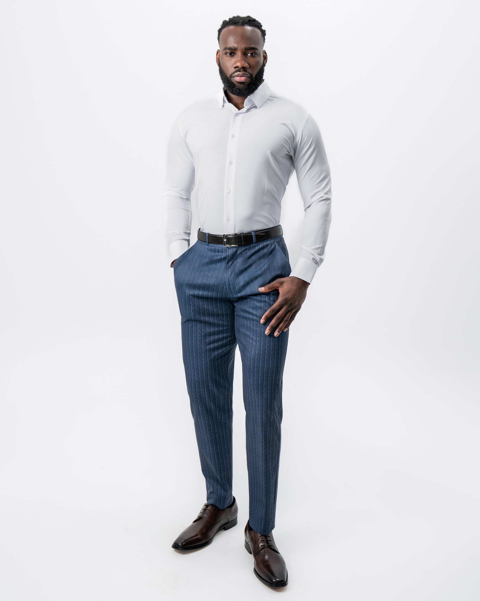 State & Liberty Athletic Fit Stretch Suit - Textured Navy Chalk Stripe
