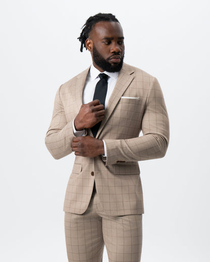State & Liberty Athletic Fit Stretch Suit - Khaki and Olive Windowpane