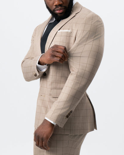 State & Liberty Athletic Fit Stretch Suit - Khaki and Olive Windowpane
