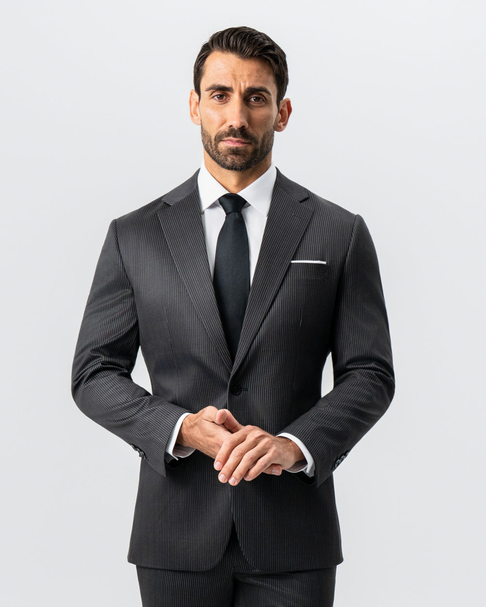 State & Liberty Athletic Fit Stretch Suit - Black and White Chalk Pinstripe