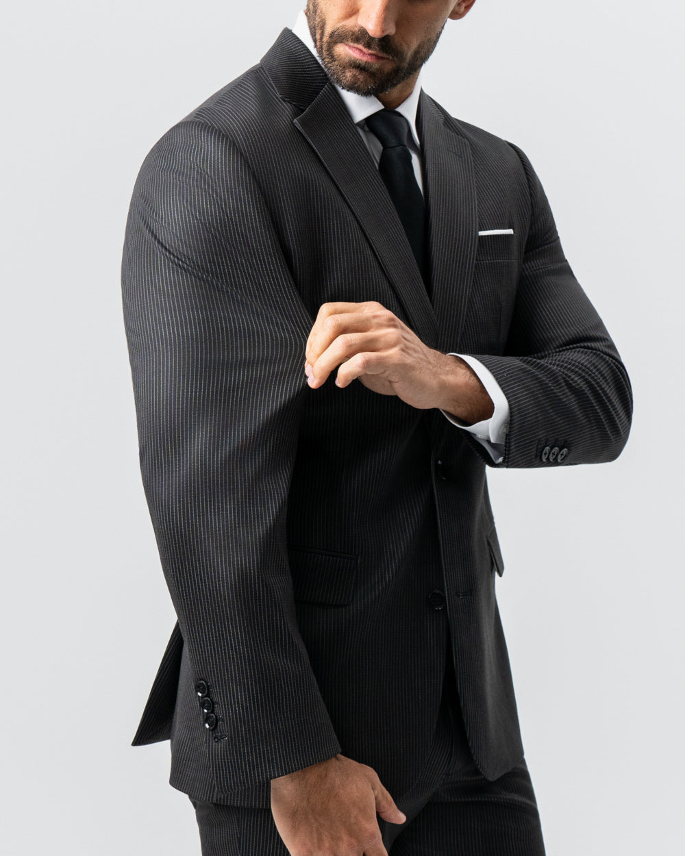 State & Liberty Athletic Fit Stretch Suit - Black and White Chalk Pinstripe