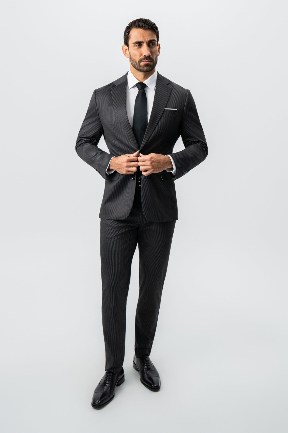 State & Liberty Athletic Fit Stretch Suit - Black and White Chalk Pinstripe