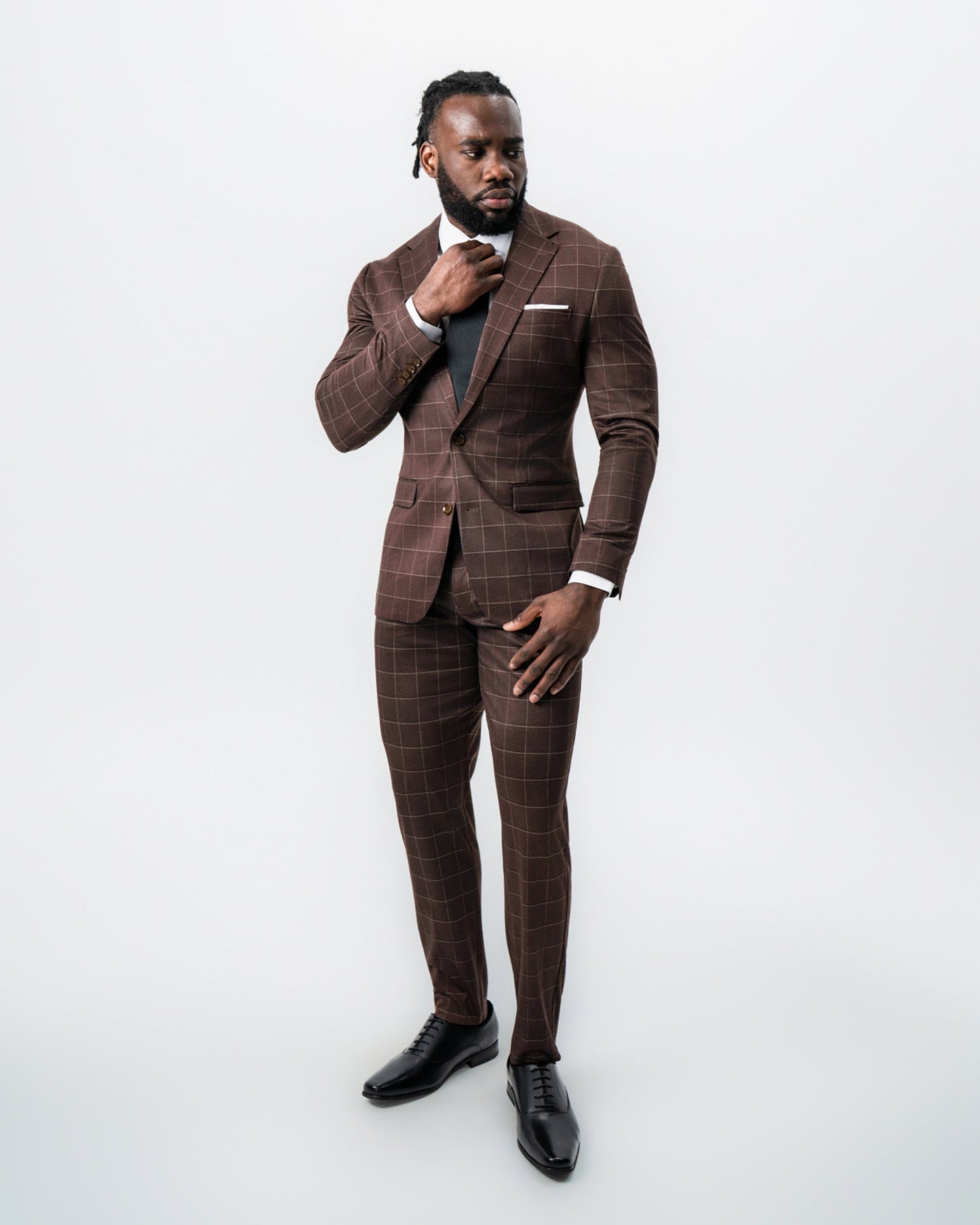 State & Liberty Athletic Fit Stretch Suit - Mocha with Brown Windowpane