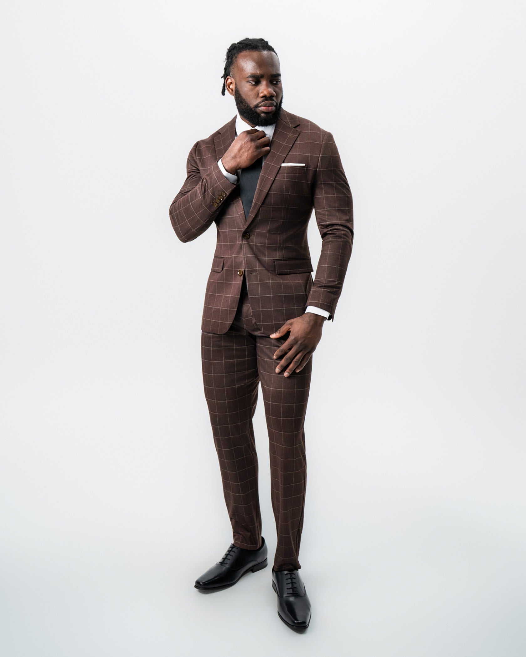 State & Liberty Athletic Fit Stretch Suit - Mocha with Brown Windowpane