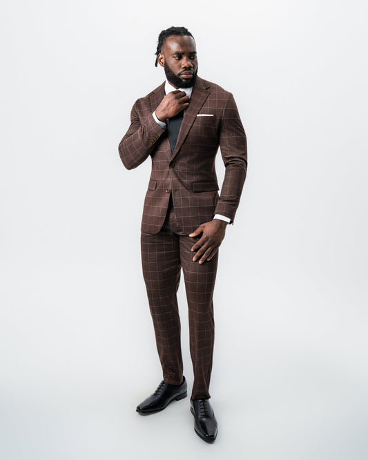 State & Liberty Athletic Fit Stretch Suit - Mocha with Brown Windowpane