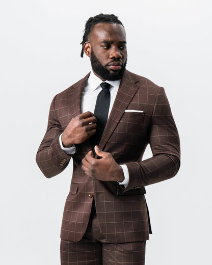 State & Liberty Athletic Fit Stretch Suit - Mocha with Brown Windowpane
