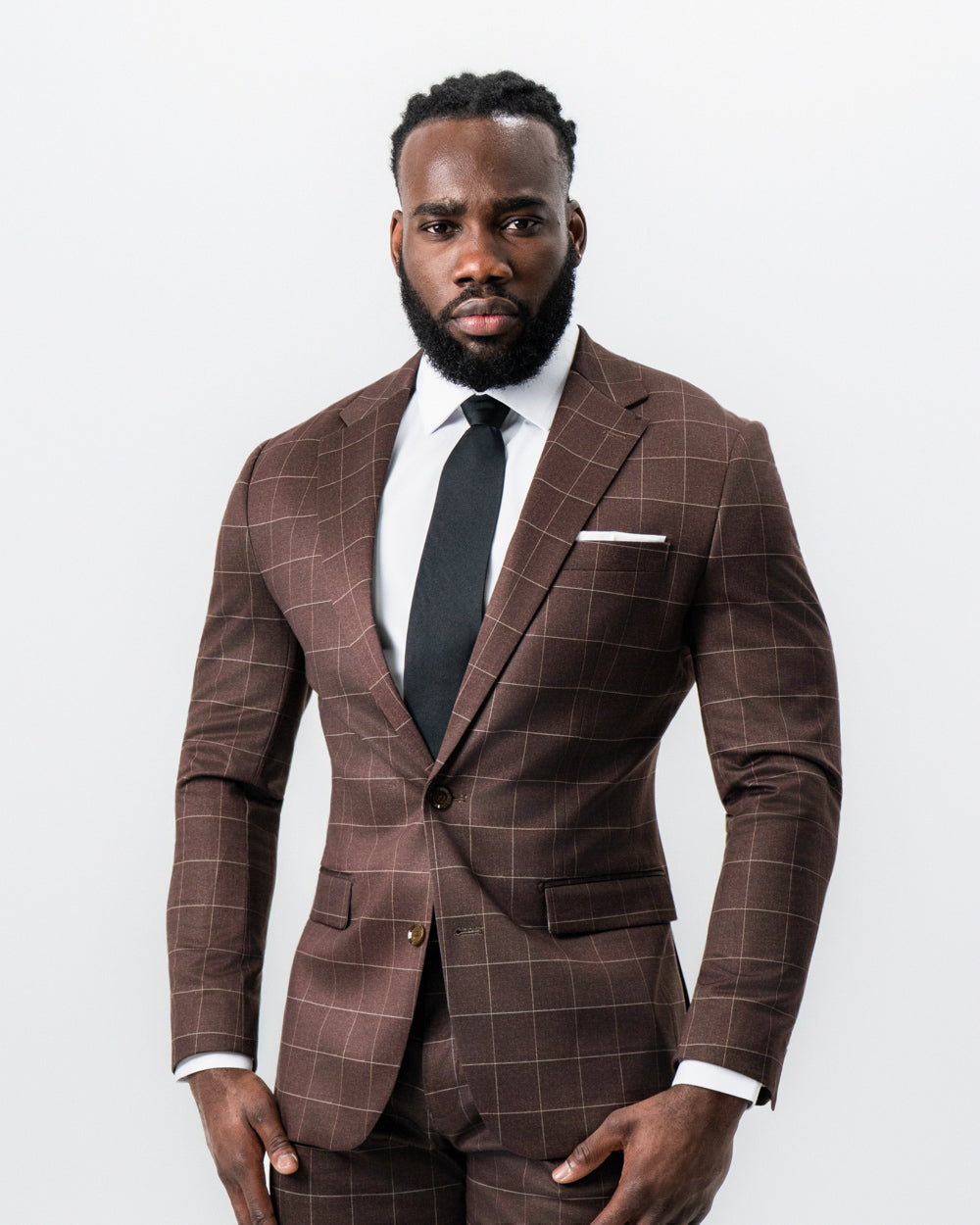 State & Liberty Athletic Fit Stretch Suit - Mocha with Brown Windowpane