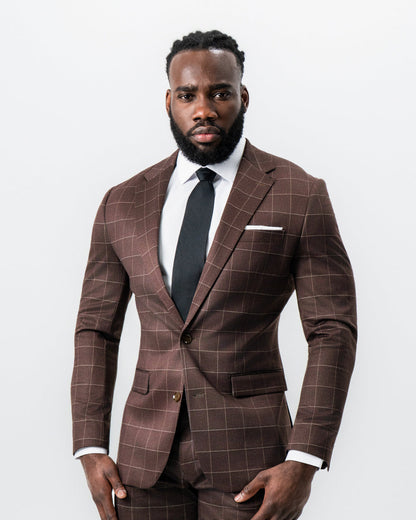 State & Liberty Athletic Fit Stretch Suit - Mocha with Brown Windowpane
