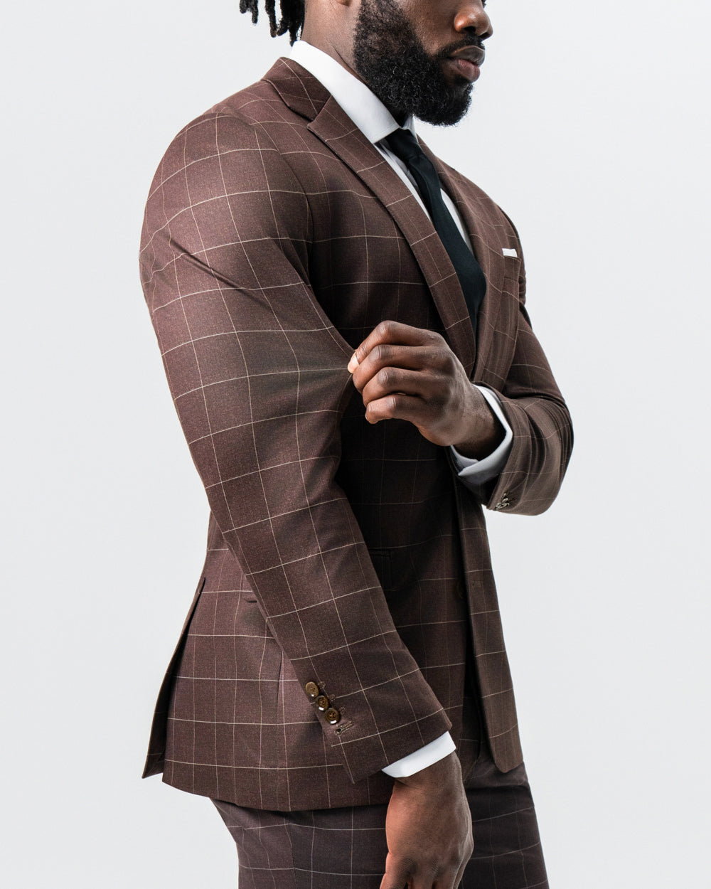 State & Liberty Athletic Fit Stretch Suit - Mocha with Brown Windowpane