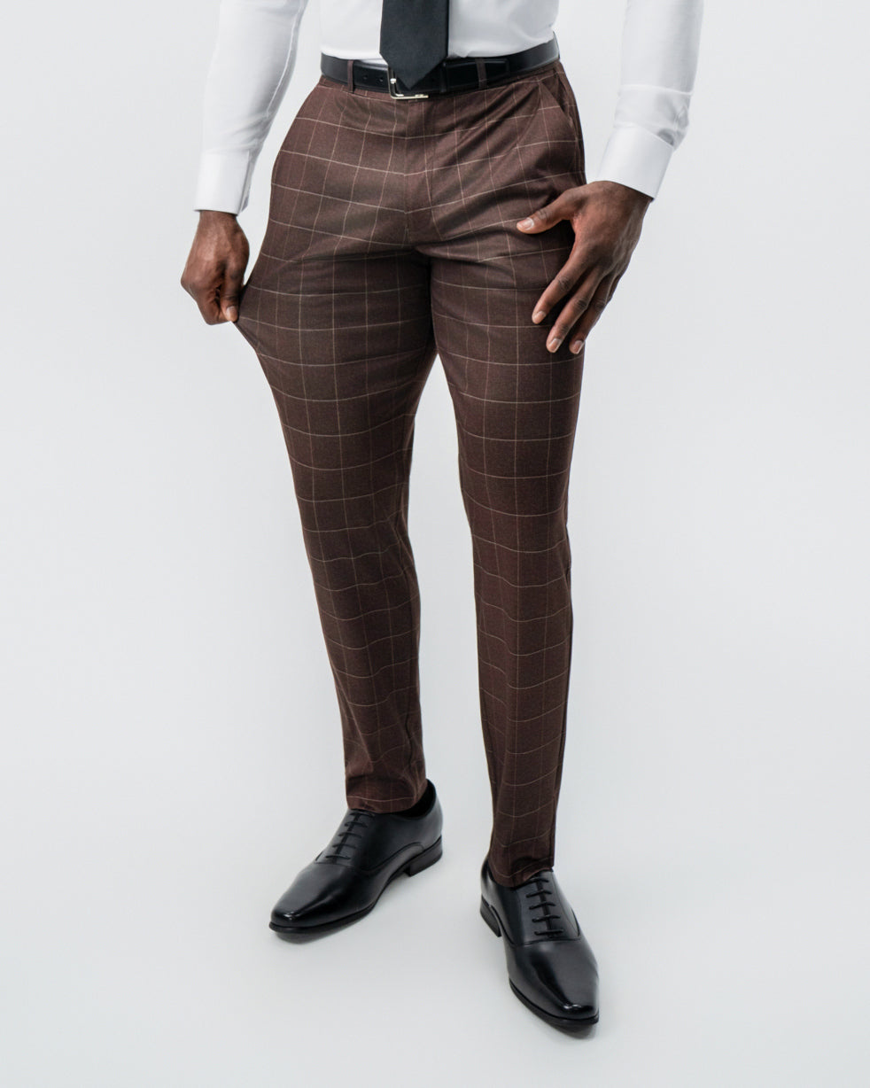 State & Liberty Athletic Fit Stretch Suit - Mocha with Brown Windowpane