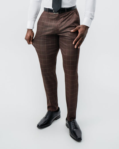 State & Liberty Athletic Fit Stretch Suit - Mocha with Brown Windowpane