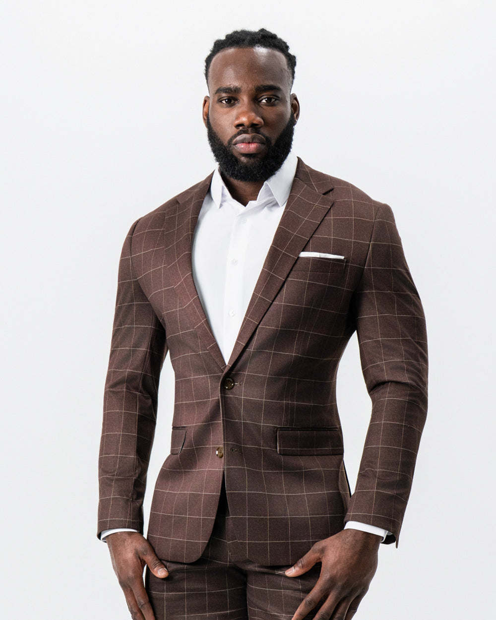State & Liberty Athletic Fit Stretch Suit - Mocha with Brown Windowpane