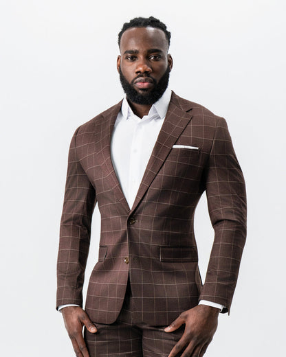State & Liberty Athletic Fit Stretch Suit - Mocha with Brown Windowpane