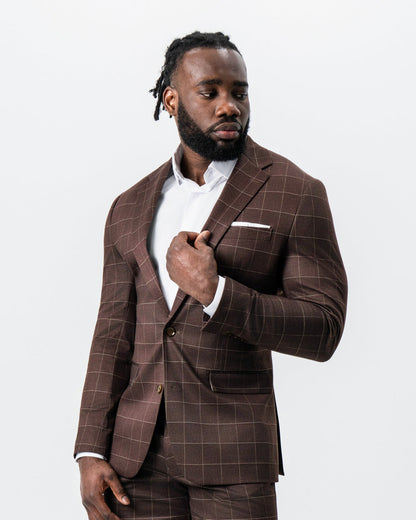 State & Liberty Athletic Fit Stretch Suit - Mocha with Brown Windowpane