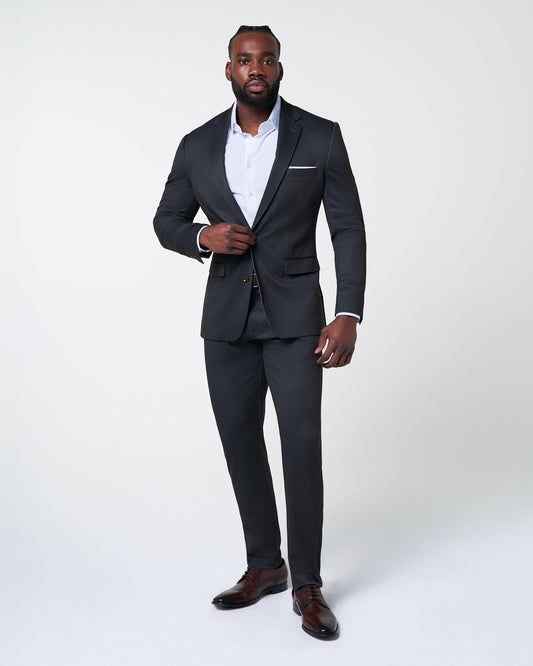 State & Liberty Athletic Fit Stretch Suit - Knit Black & Light Blue Pinstripe