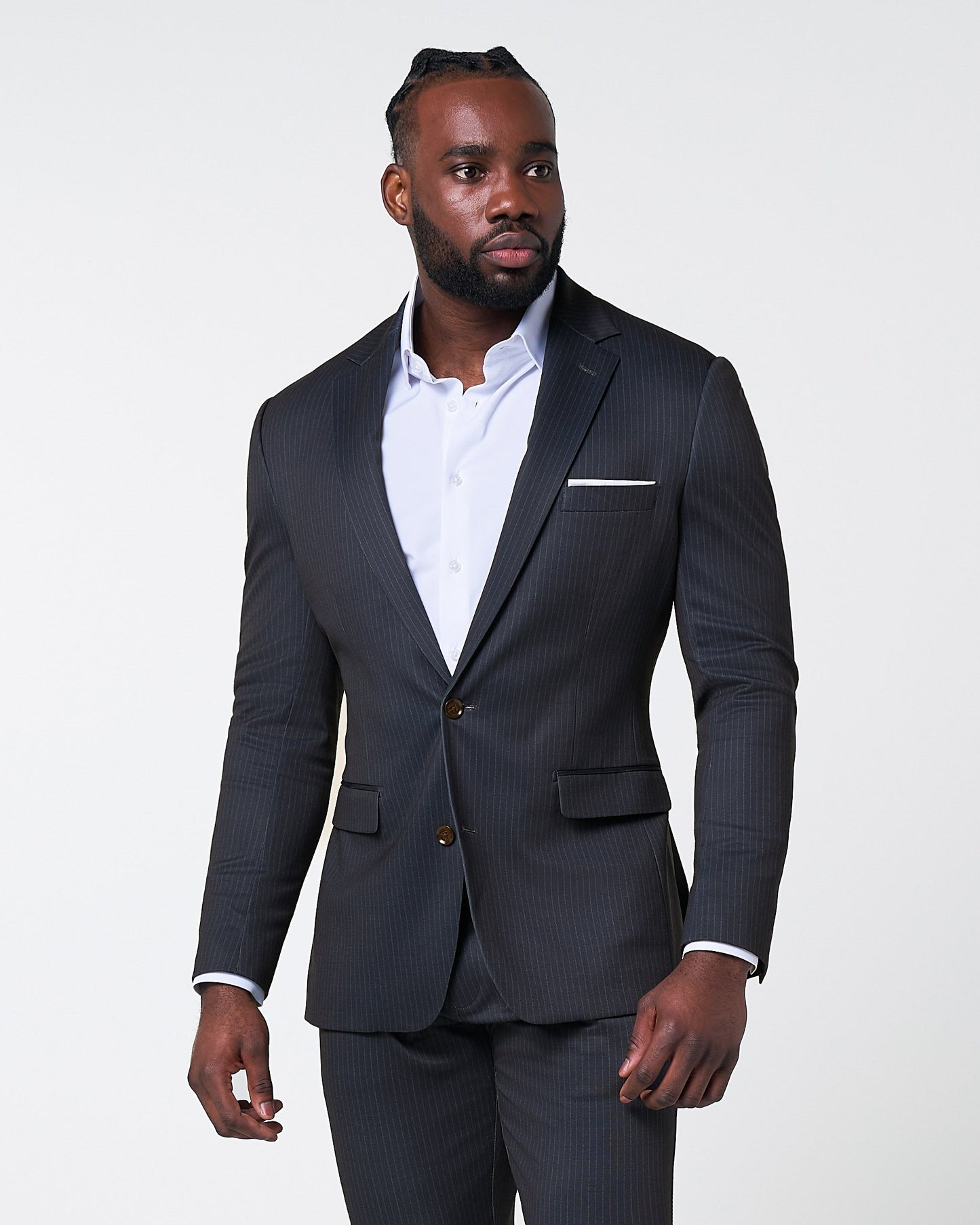 State & Liberty Athletic Fit Stretch Suit - Knit Black & Light Blue Pinstripe