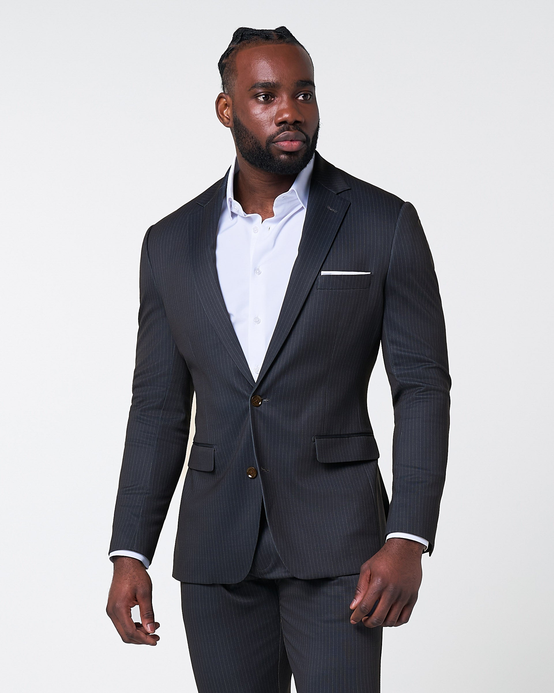 State & Liberty Athletic Fit Stretch Suit - Knit Black & Light Blue Pinstripe