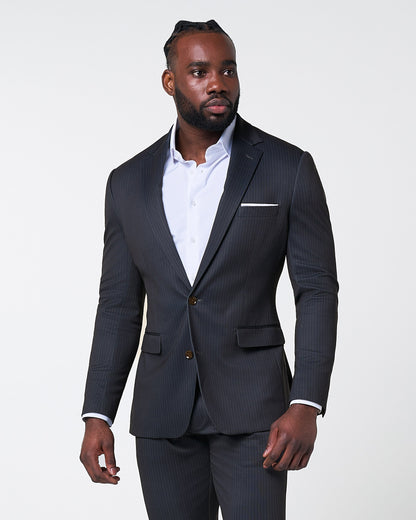 State & Liberty Athletic Fit Stretch Suit - Knit Black & Light Blue Pinstripe