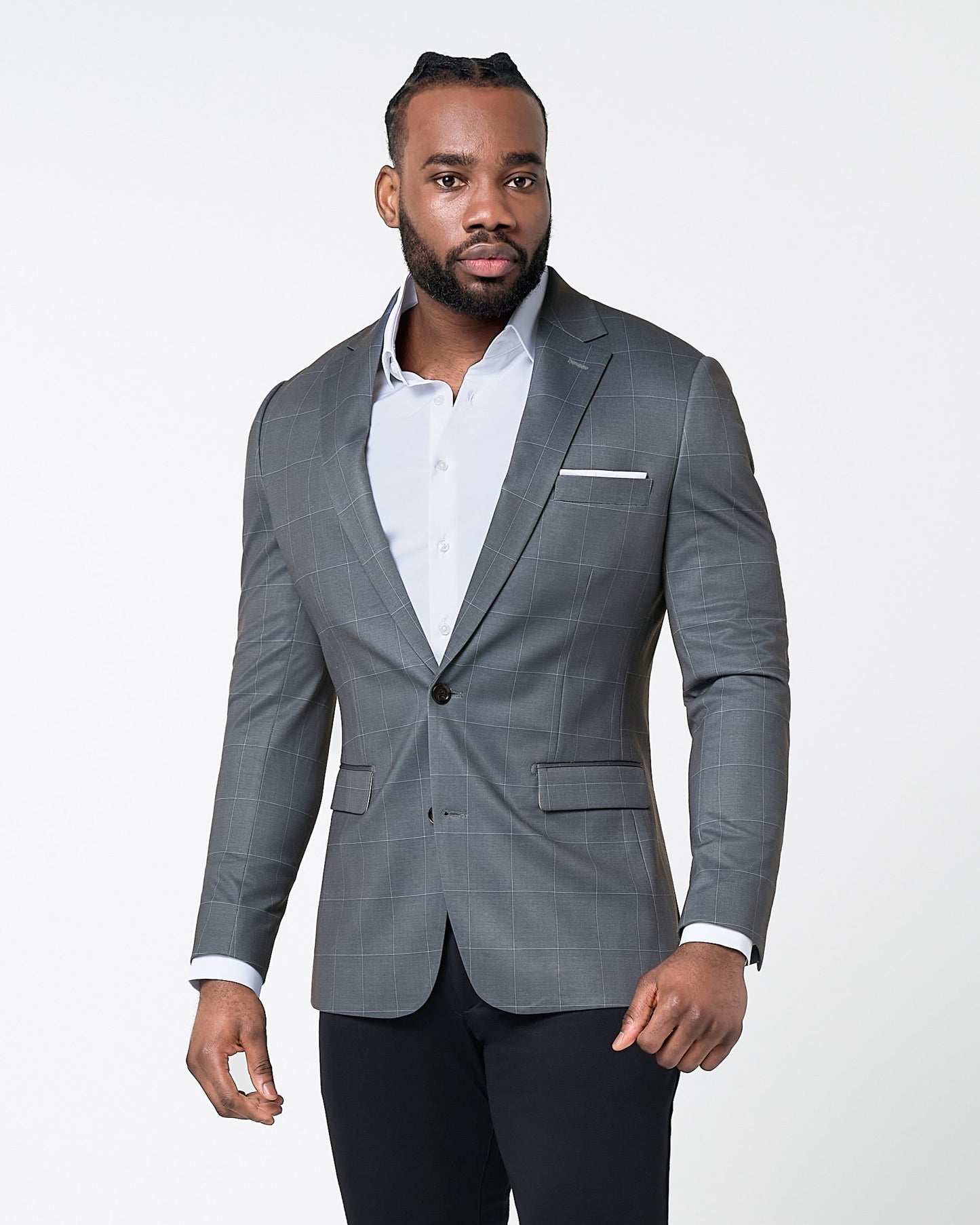 State & Liberty Athletic Fit Stretch Blazer - Grey and White Big Windowpane