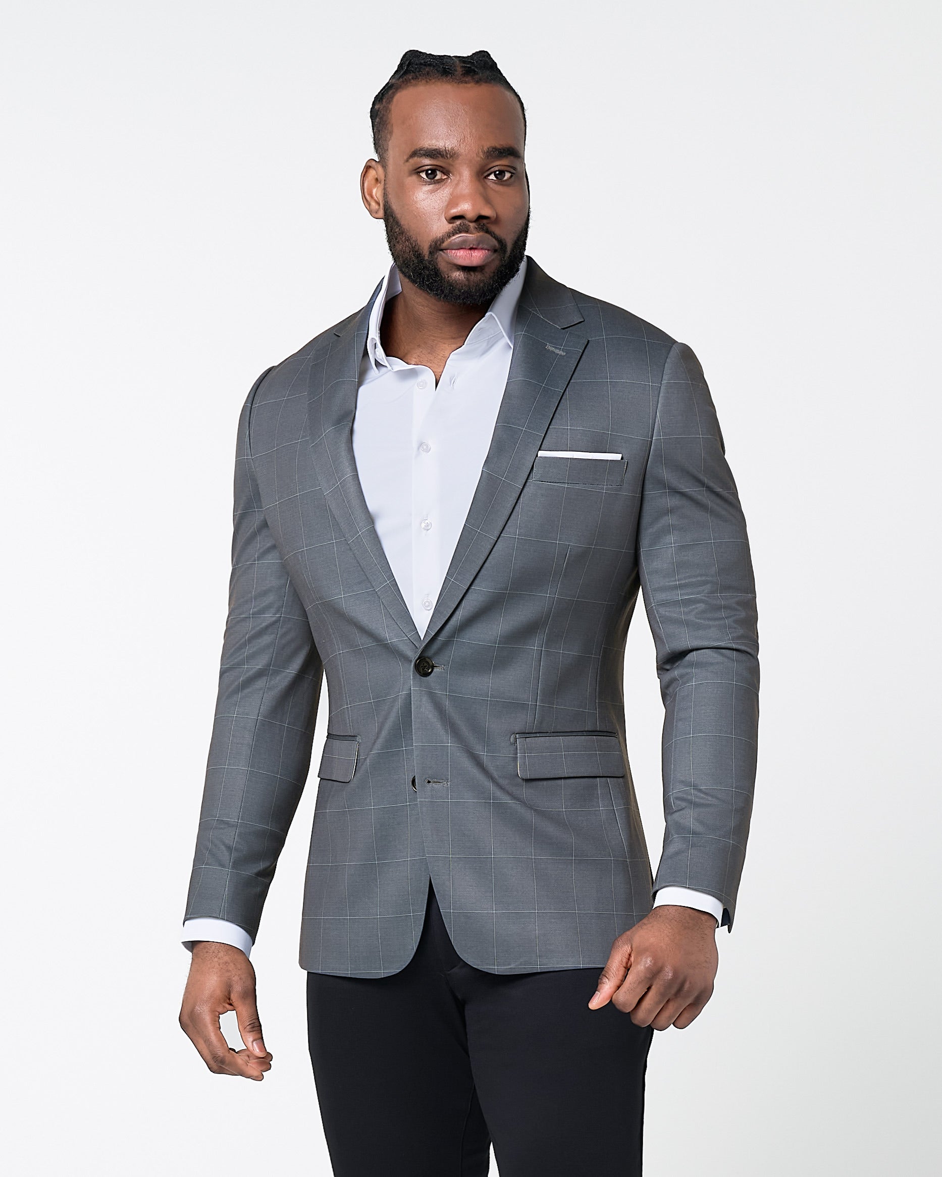 State & Liberty Athletic Fit Stretch Blazer - Grey and White Big Windowpane