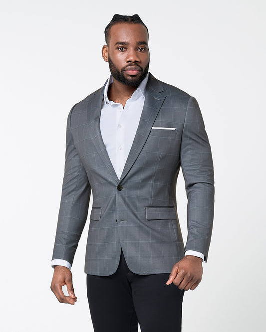 State & Liberty Athletic Fit Stretch Blazer - Grey and White Big Windowpane