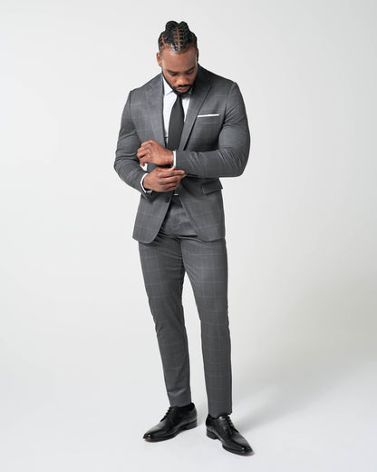State & Liberty Athletic Fit Stretch Blazer - Grey and White Big Windowpane