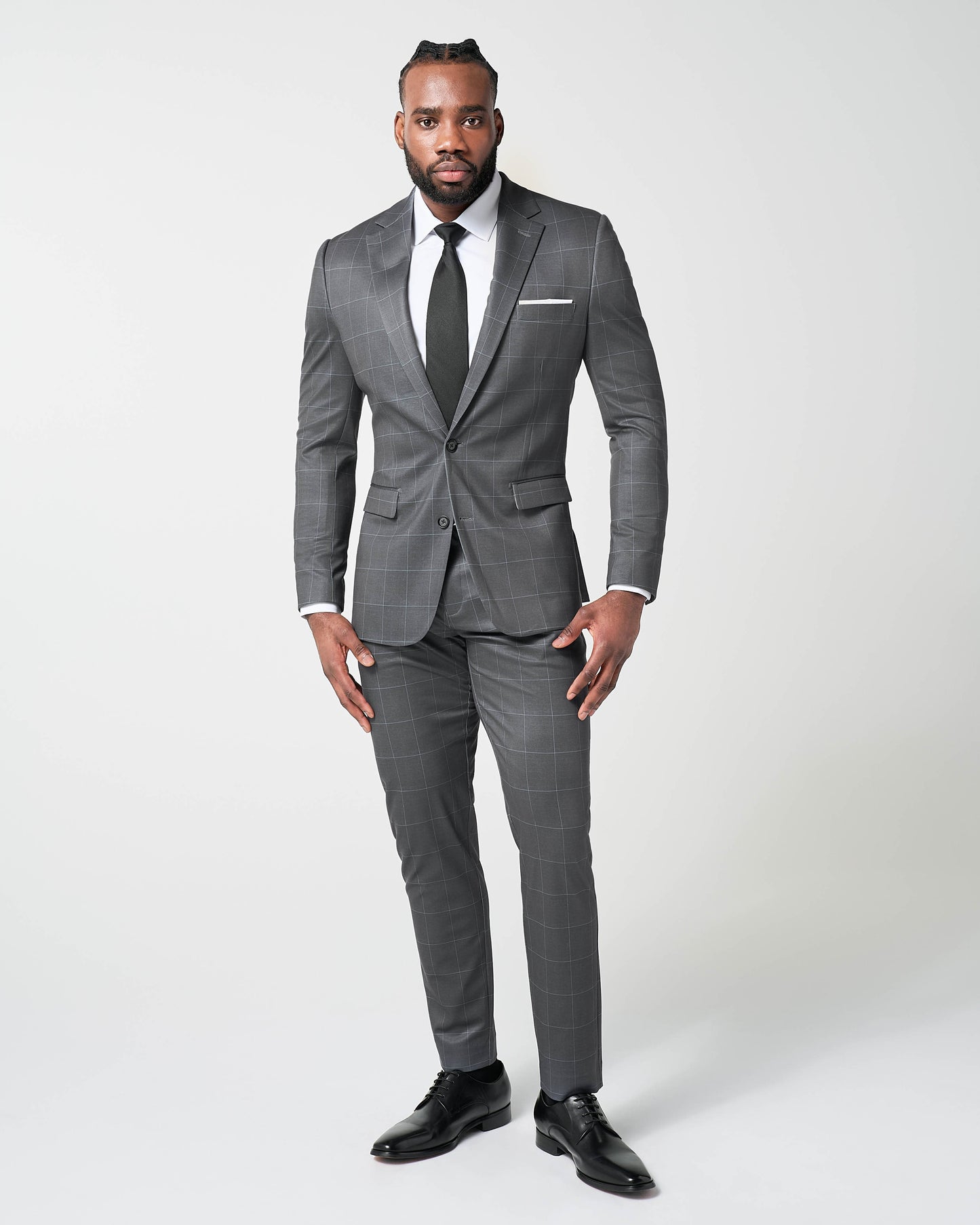 State & Liberty Athletic Fit Stretch Blazer - Grey and White Big Windowpane