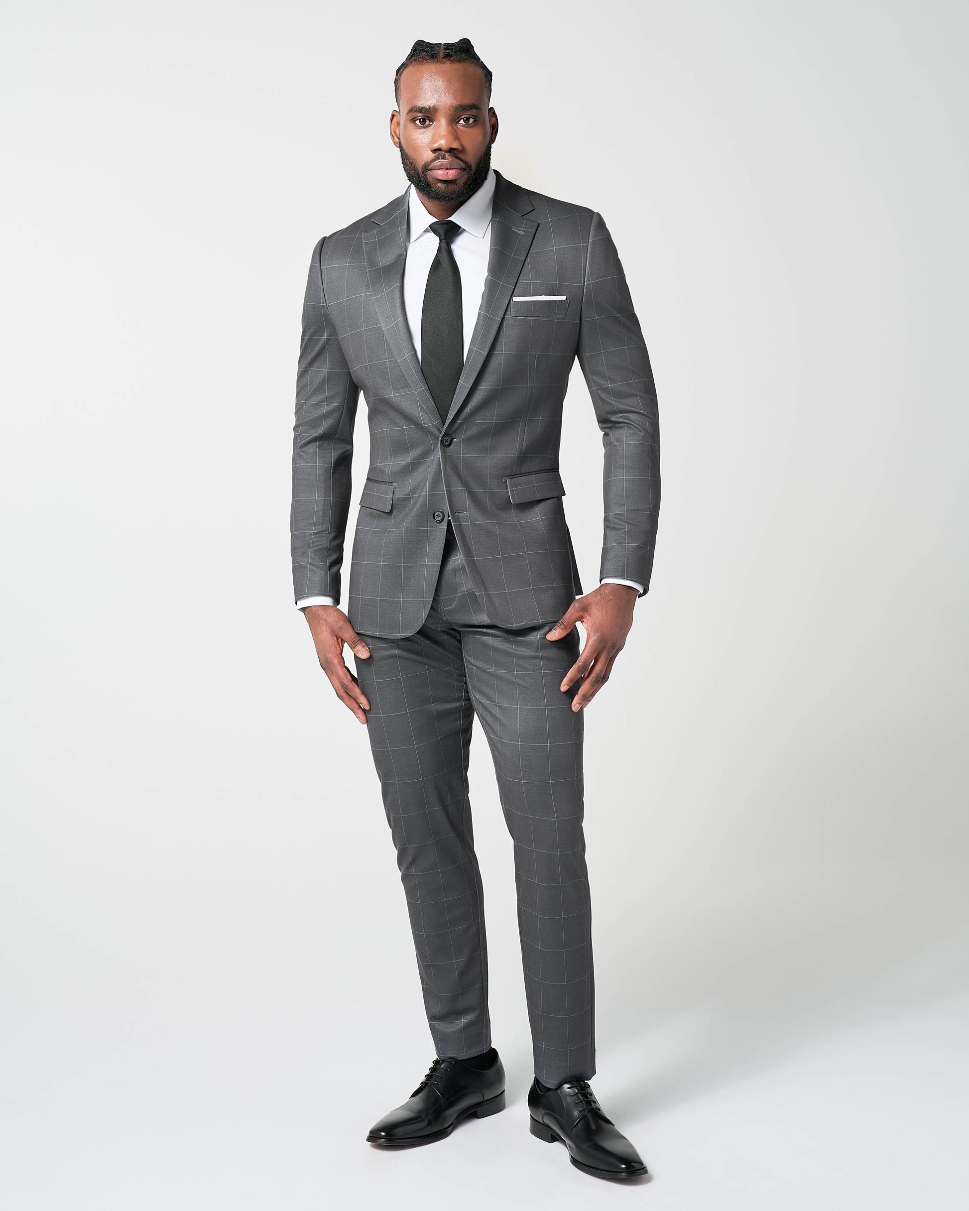 State & Liberty Athletic Fit Stretch Blazer - Grey and White Big Windowpane