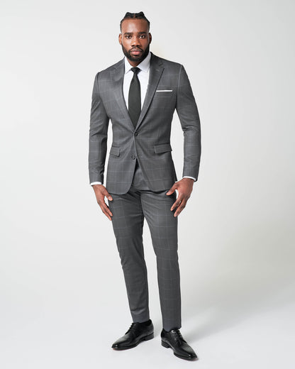 State & Liberty Athletic Fit Stretch Blazer - Grey and White Big Windowpane