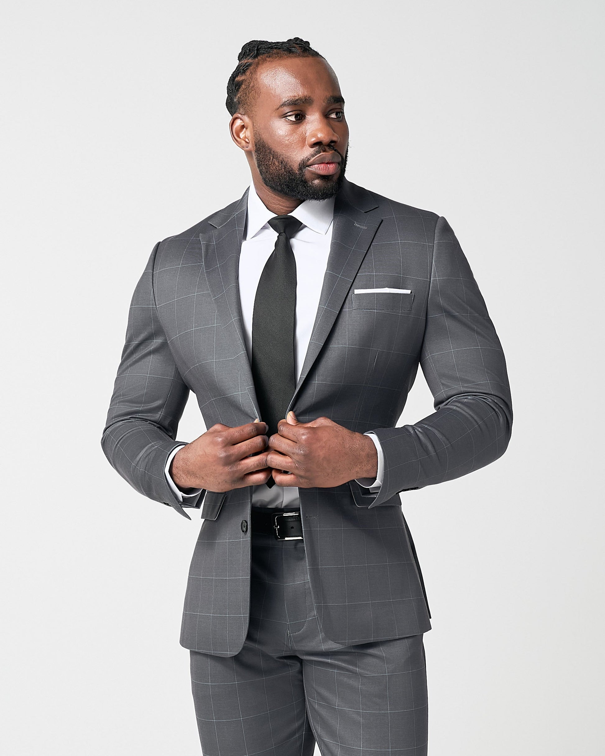 State & Liberty Athletic Fit Stretch Blazer - Grey and White Big Windowpane