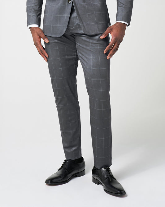 State & Liberty Athletic Fit Stretch Suit Pants - Grey and White Big Windowpane
