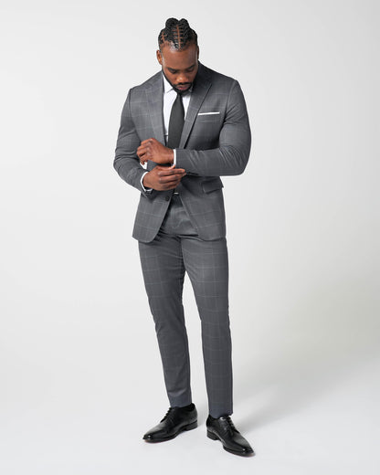 State & Liberty Athletic Fit Stretch Suit Pants - Grey and White Big Windowpane
