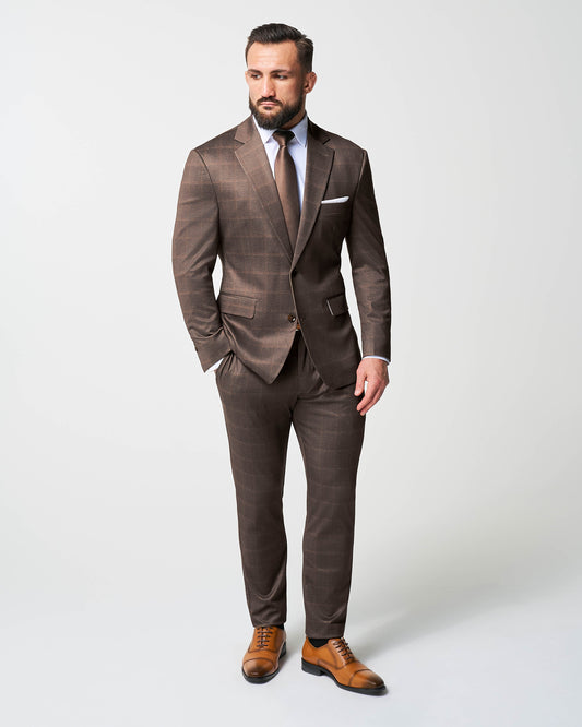 State & Liberty Athletic Fit Stretch Suit - Bronzed Brown Big Windowpane