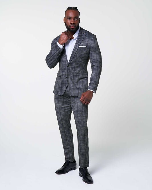 State & Liberty Athletic Fit Stretch Suit - Iron Grey & Charcoal Plaid
