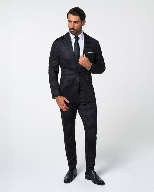 State & Liberty Athletic Fit Stretch Suit - Knit Black Chalk Stripe