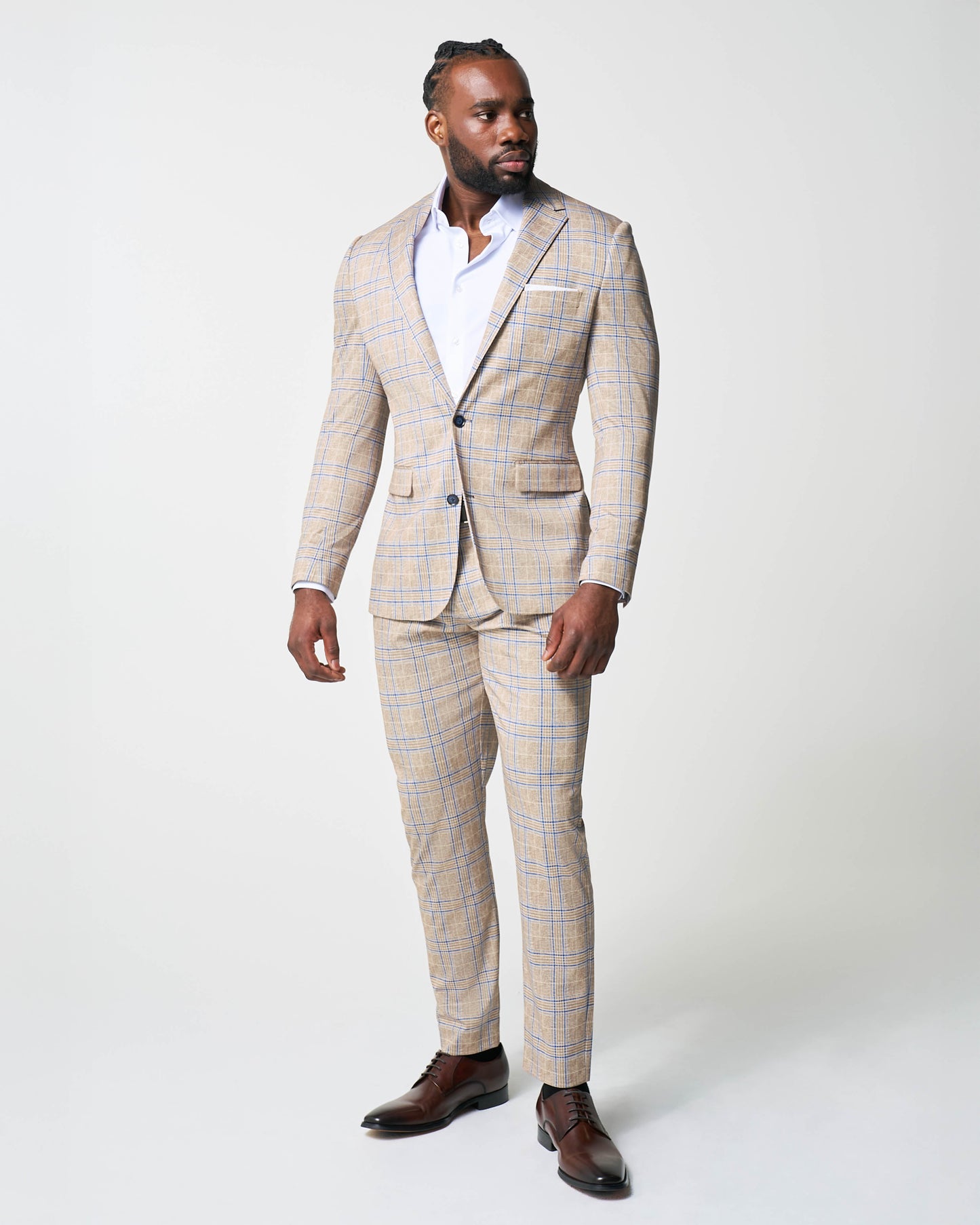 State & Liberty Athletic Fit Stretch Suit - Tan and Blue Plaid