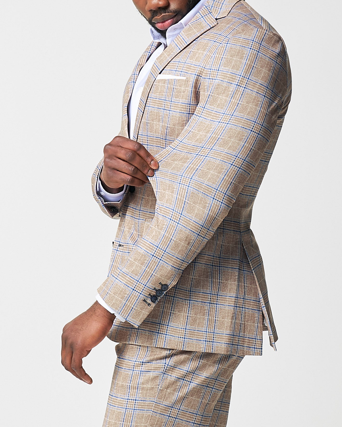 State & Liberty Athletic Fit Stretch Suit - Tan and Blue Plaid