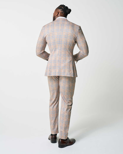 State & Liberty Athletic Fit Stretch Suit - Tan and Blue Plaid