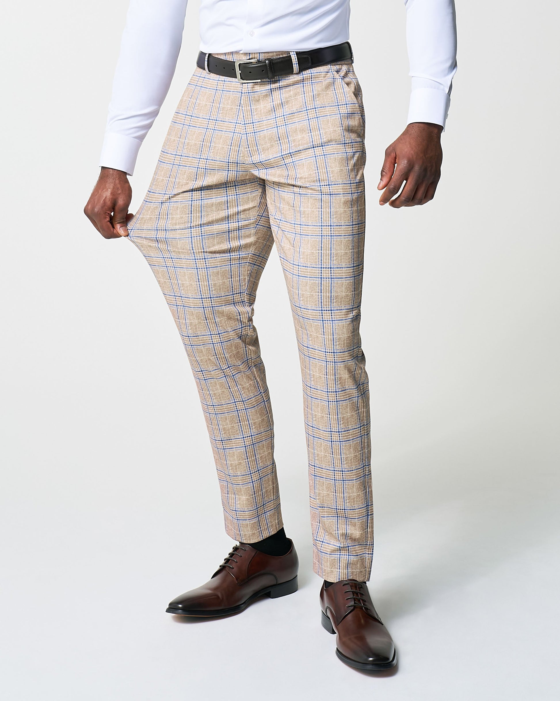 State & Liberty Athletic Fit Stretch Suit - Tan and Blue Plaid